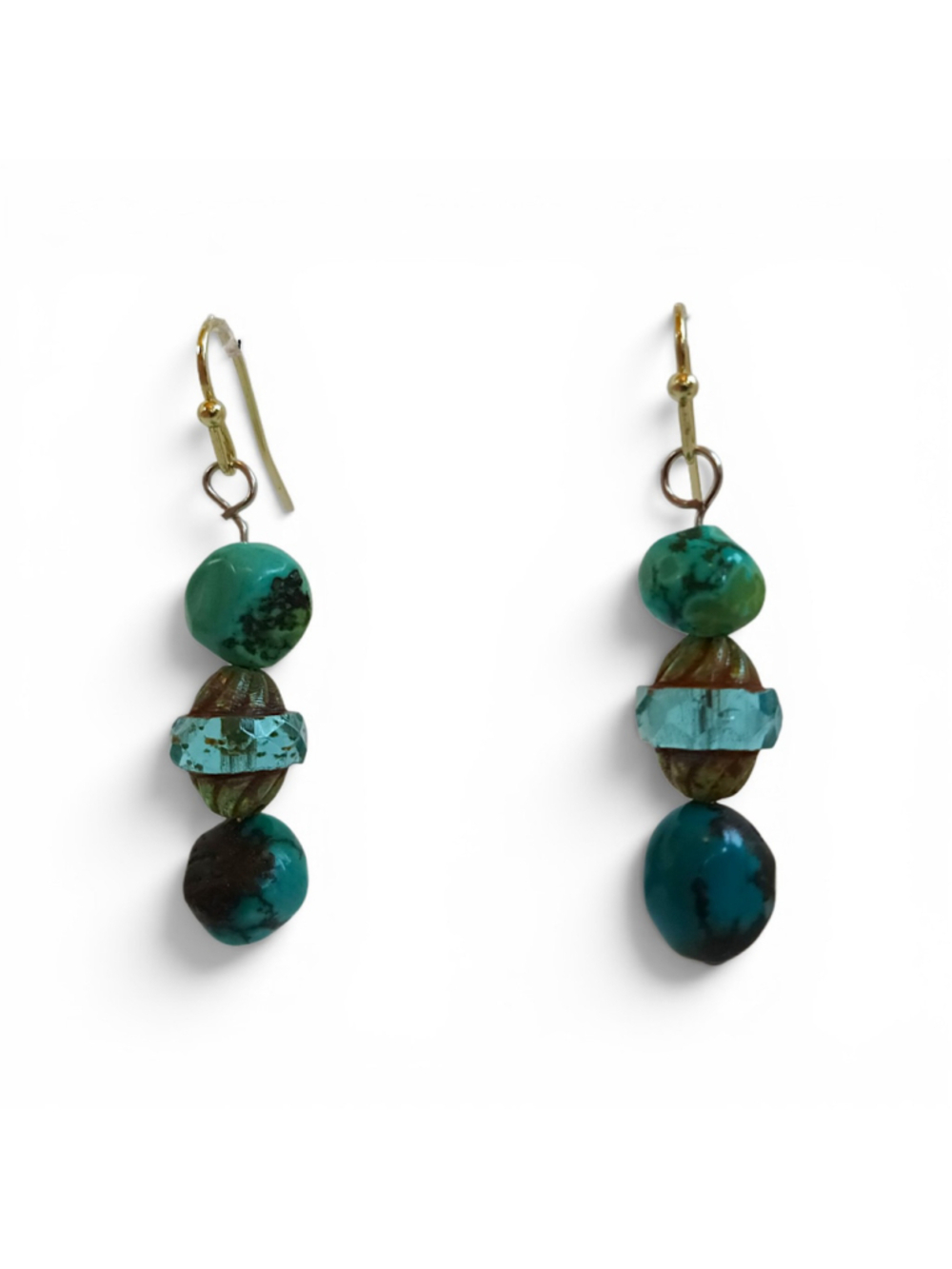Handcrafted African Turquoise nugget Blue Czech glass drop earrings southwestern